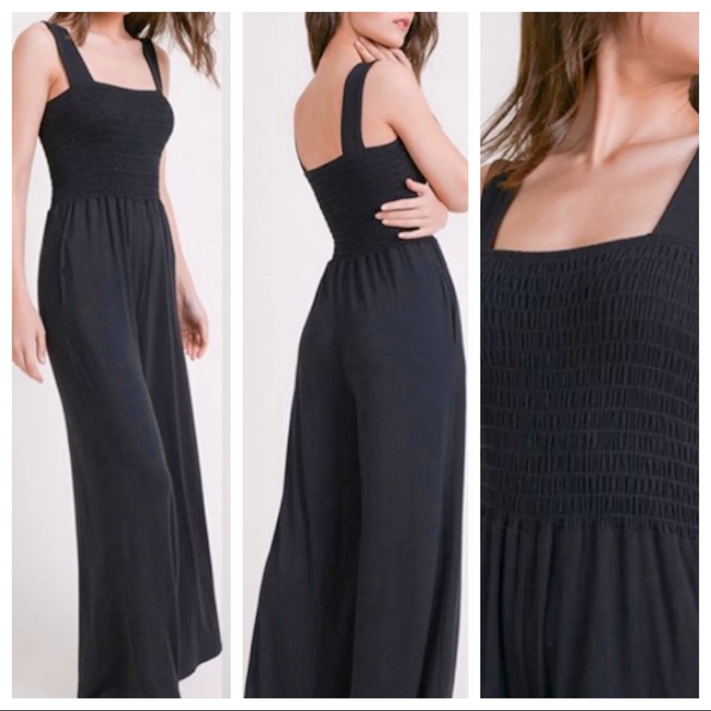 41 Mocha Boho Smocked Wide Leg Solid Knit Jumpsuit with Pocke… - Picture 2 of 7